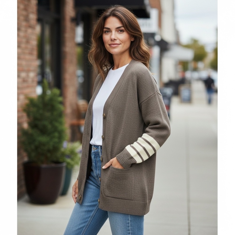 Outerknown Recycled Cashmere Cardigan Brown Striped Womens Oversized S Preppy